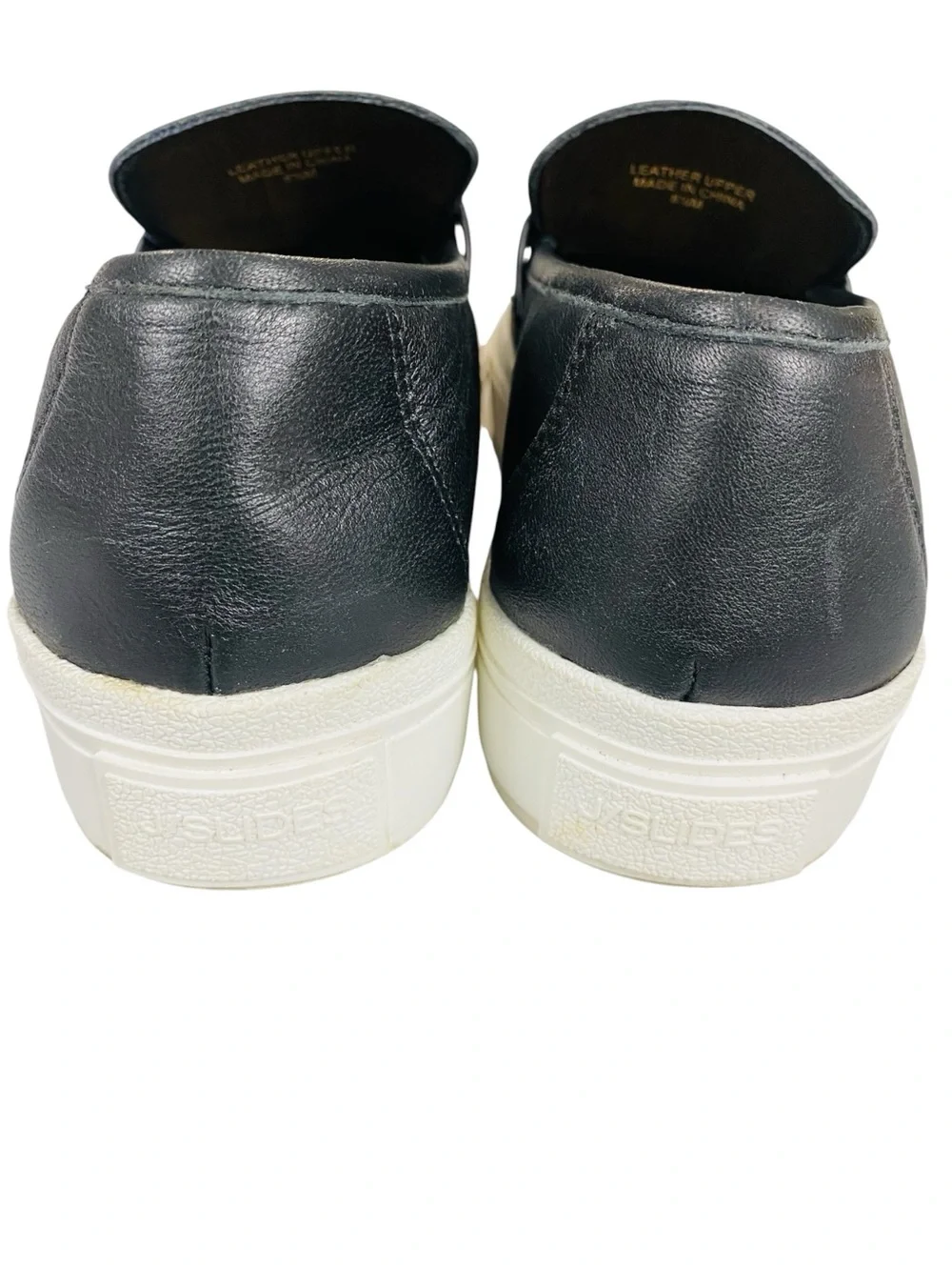 J/SLIDES Black Leather Platform Slip On Loafers Gold Tone Charms Size 8.5